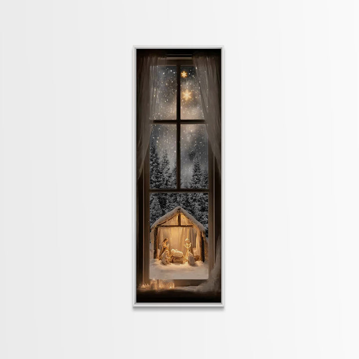 Silent Winter Nativity – Framed Canvas Print – Christmas Art – Christian Christmas Decor – Tall Narrow Wall Art – Christian Art Canvas