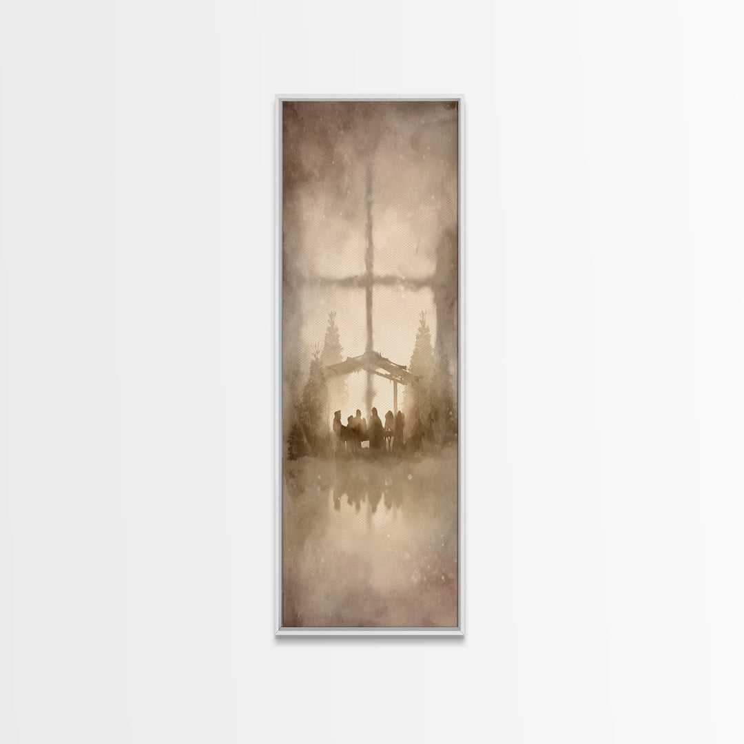Nativity Dawn Glow | Framed Canvas Print | Christian Christmas Art | Christmas Wall Art | Skinny Art | Christian Art Work | Christmas Art P