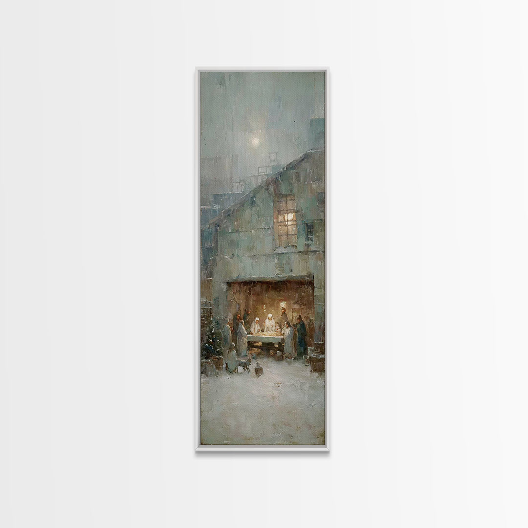 Humble Stable Night – Framed Canvas Print – Christmas Wall Art – Christian Art Canvas – Tall Skinny Art Print – Vintage Christmas Art