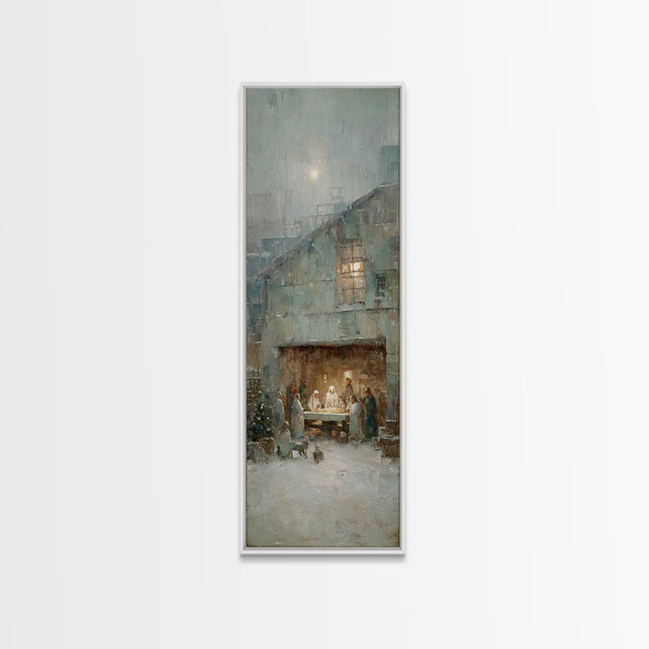Humble Stable Night – Framed Canvas Print – Christmas Wall Art – Christian Art Canvas – Tall Skinny Art Print – Vintage Christmas Art