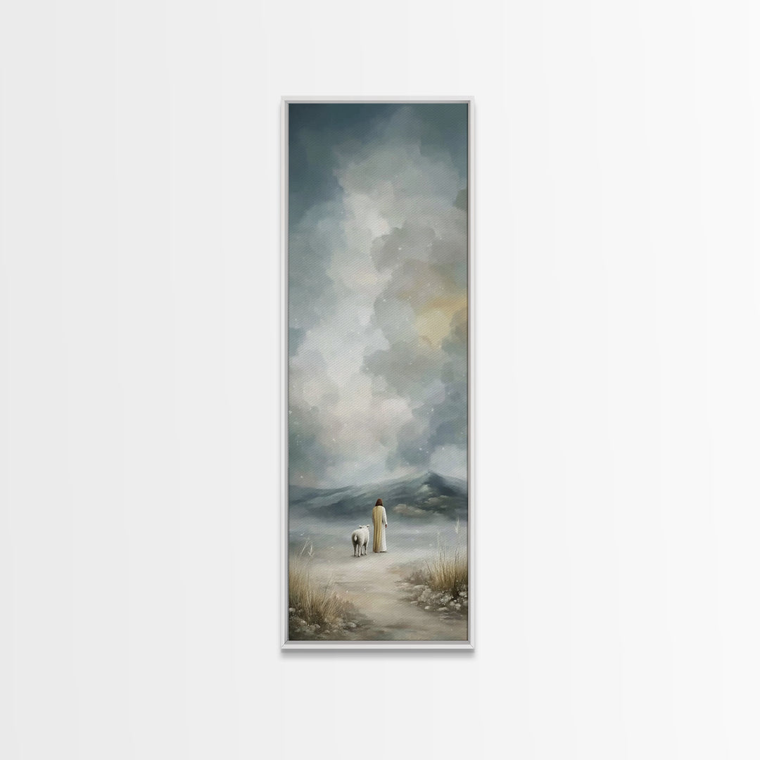Winter Shepherd Calm, Framed Canvas Print, Narrow Art, Christian Art Canvas, Jesus Wall Art, Christian Christmas Decor, Subtle Christian Ar