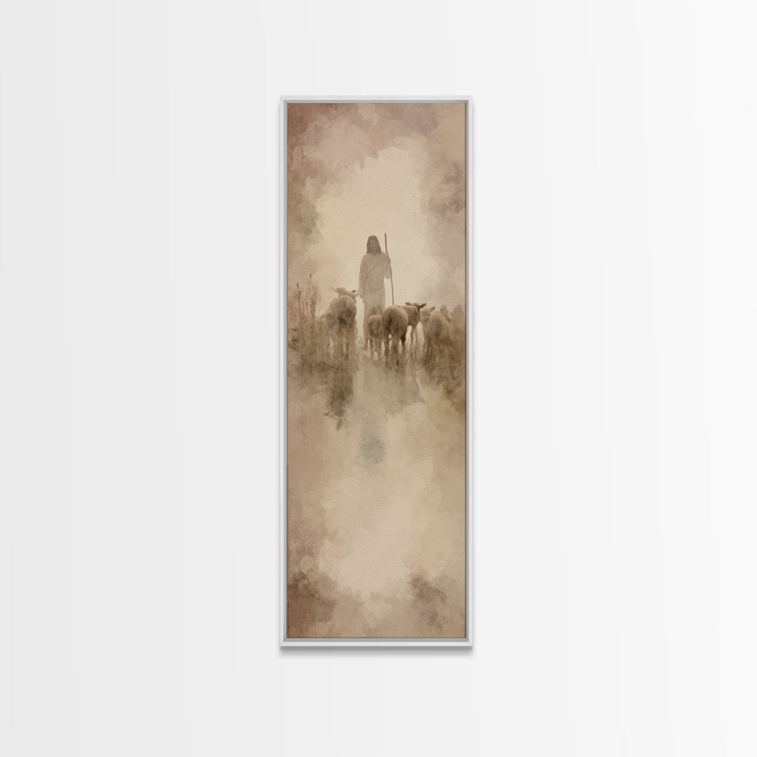 Graceful Shepherd Path, Framed Canvas Print, Christian Wall Art, Jesus Painting, Christian Art Canvas, Skinny Art, Christian Christmas Art
