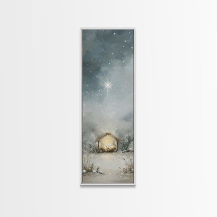 Silent Manger Light - Framed Canvas Print - Christian Christmas Art - Christian Wall Art - Christmas Art - Narrow Art - Christian Art Canva
