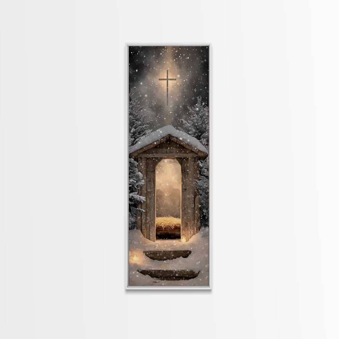 Snowlit Holy Shelter | Framed Canvas Print | Christmas Art | Christian Art Canvas | Christian Wall Art | Skinny Art | Christian Christmas A