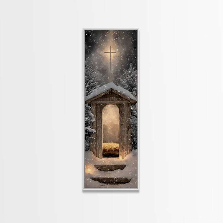 Snowlit Holy Shelter | Framed Canvas Print | Christmas Art | Christian Art Canvas | Christian Wall Art | Skinny Art | Christian Christmas A