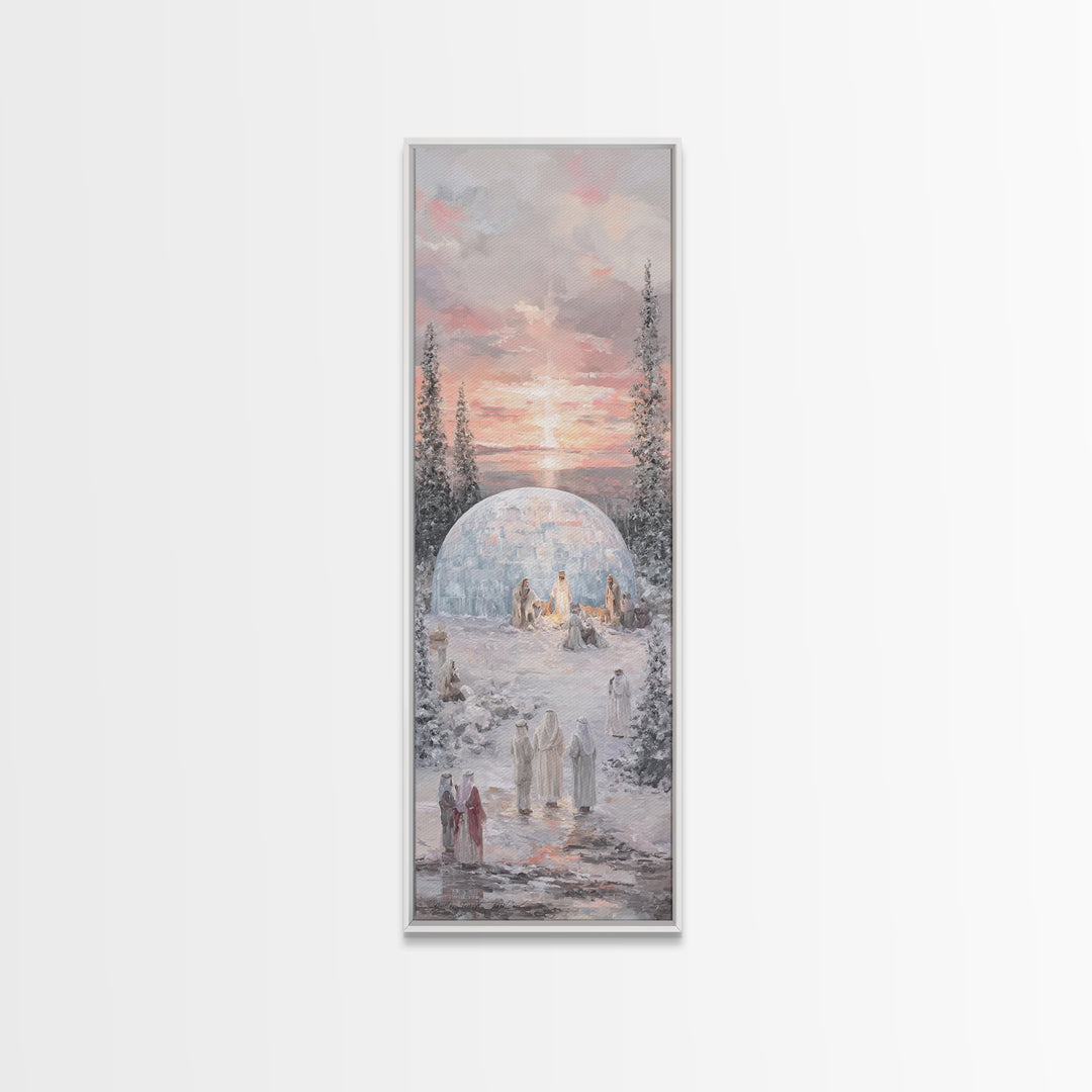 Winter Nativity Gathering - Framed Canvas Print - Christian Art Canvas - Christian Wall Art - Christmas Art - Narrow Art - Christian Christ