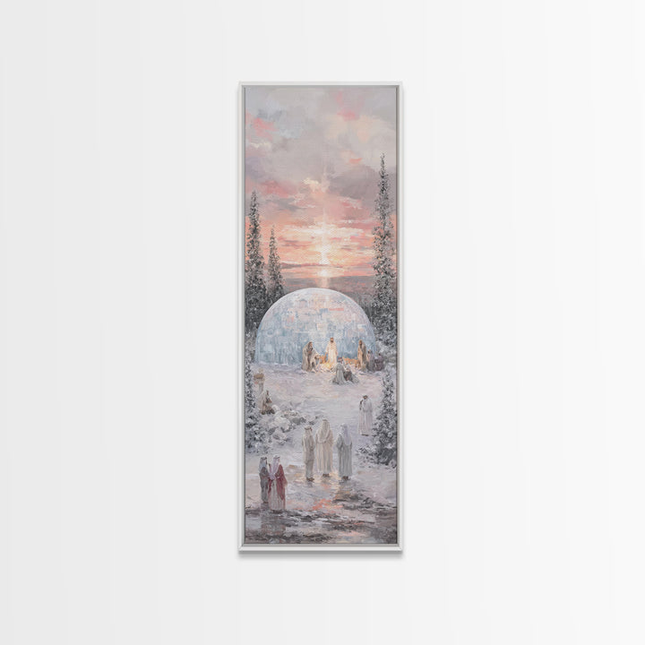 Winter Nativity Gathering - Framed Canvas Print - Christian Art Canvas - Christian Wall Art - Christmas Art - Narrow Art - Christian Christ