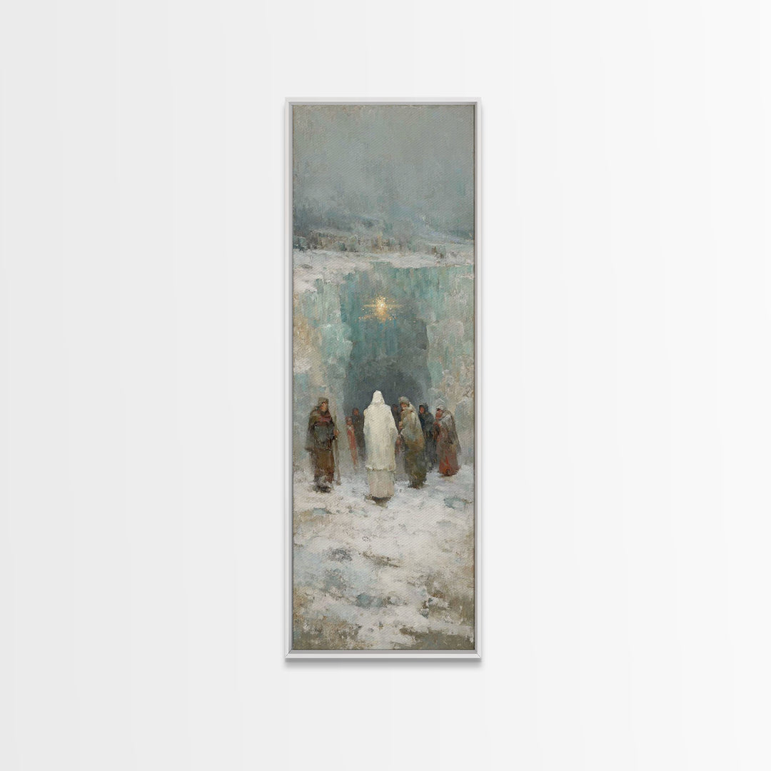 Frozen Cave Nativity | Framed Canvas Print | Christian Christmas Art | Christian Art Canvas | Christian Wall Art | Tall Narrow Wall Art | C
