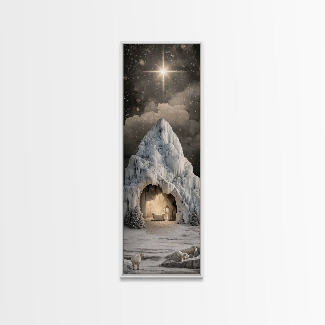 Icy Cavern Nativity, Framed Canvas Print, Christian Wall Art, Christian Christmas Art, Christmas Art, Tall Narrow Wall Art, Christian Art C