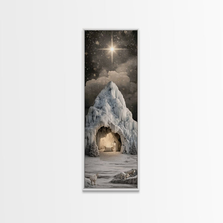 Icy Cavern Nativity, Framed Canvas Print, Christian Wall Art, Christian Christmas Art, Christmas Art, Tall Narrow Wall Art, Christian Art C