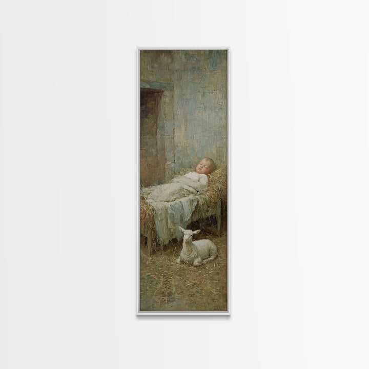 Gentle Stable Rest – Framed Canvas Print – Skinny Art – Christian Art Print – Vintage Christian Art – Christmas Wall Art
