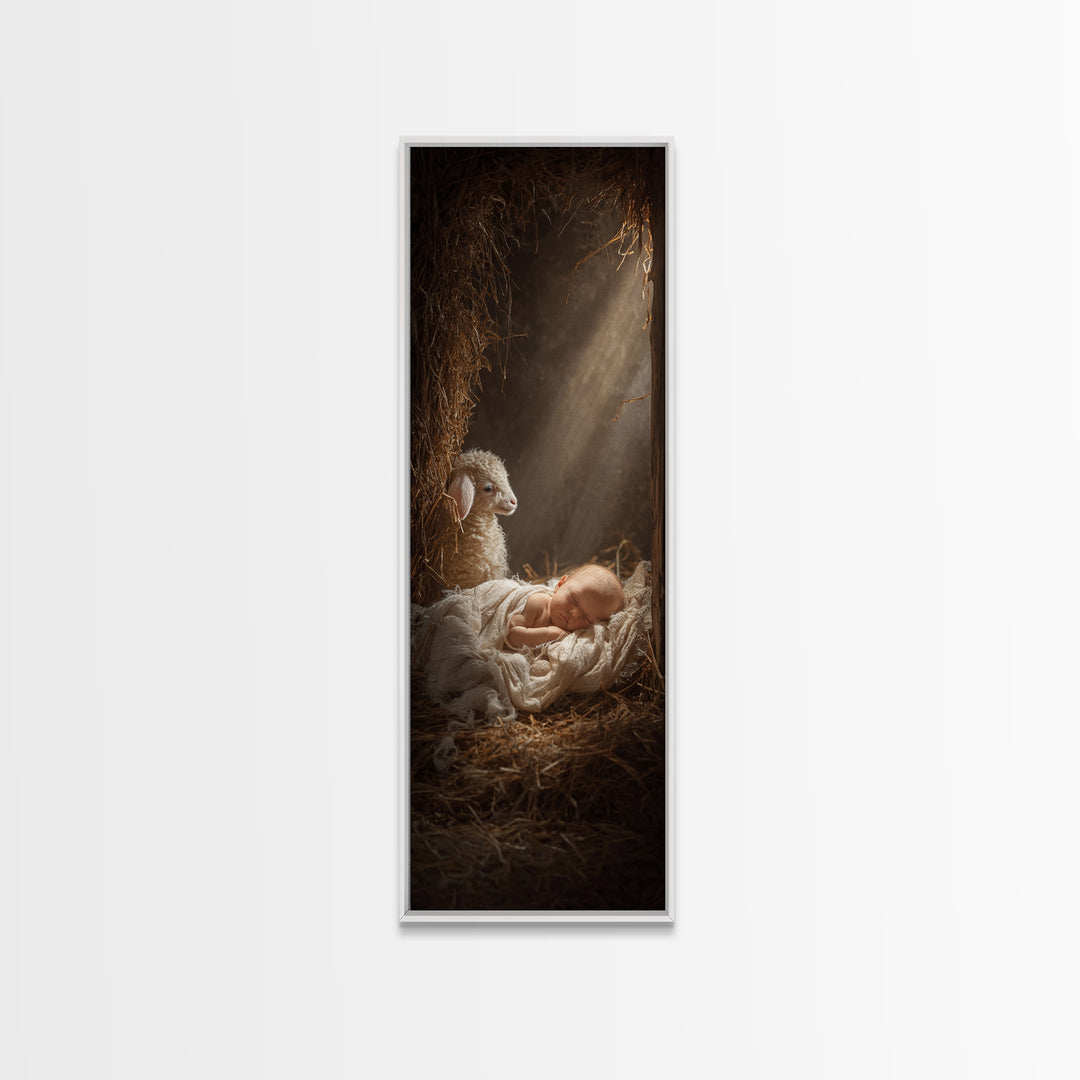 Humble Cradle Light – Framed Canvas Print – Tall Skinny Art Print – Christian Wall Art – Christian Art Work – Christmas Art