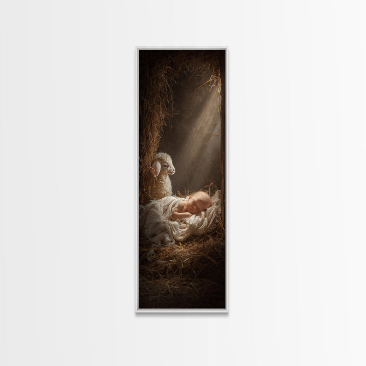 Humble Cradle Light – Framed Canvas Print – Tall Skinny Art Print – Christian Wall Art – Christian Art Work – Christmas Art
