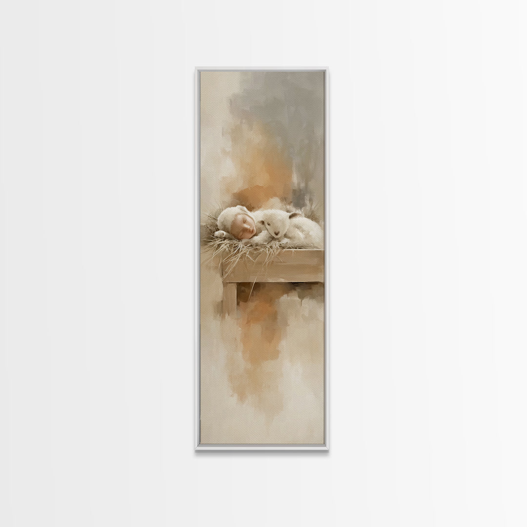 Soft Lamb Blessing – Framed Canvas Print – Tall Narrow Wall Art – Christian Art Prints – Christian Christmas Art – Jesus Painting