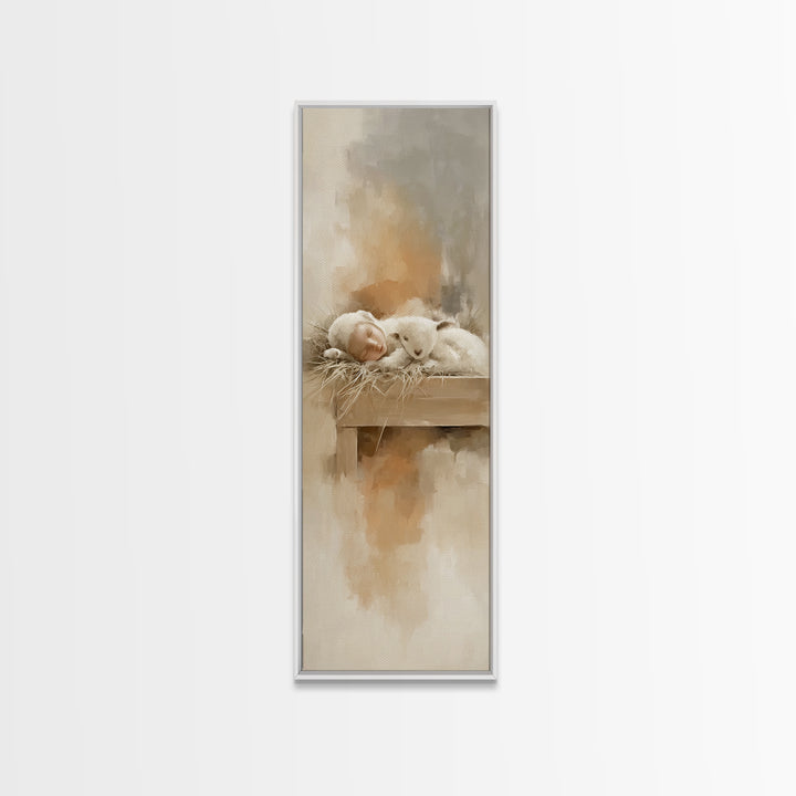 Soft Lamb Blessing – Framed Canvas Print – Tall Narrow Wall Art – Christian Art Prints – Christian Christmas Art – Jesus Painting