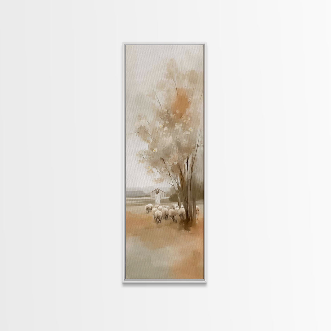 Shepherd Meadow Peace – Framed Canvas Print – Christian Art Canvas – Jesus Painting – Christian Wall Art – Tall Skinny Art Print