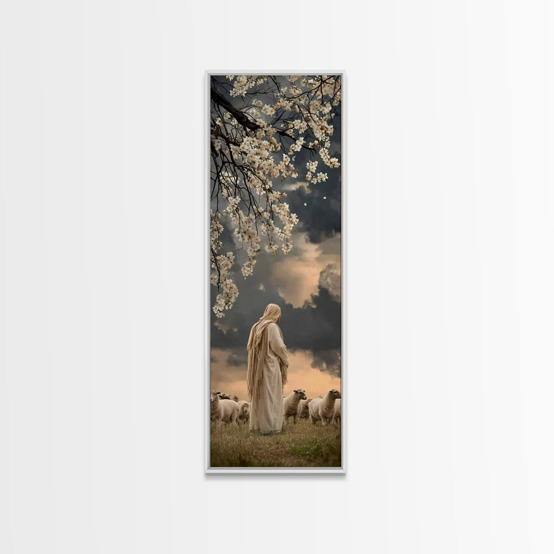 Quiet Shepherd Light, Framed Canvas Print, Christian Art Print, Jesus Wall Art, Skinny Art, Christian Christmas Decor, Christian Painting