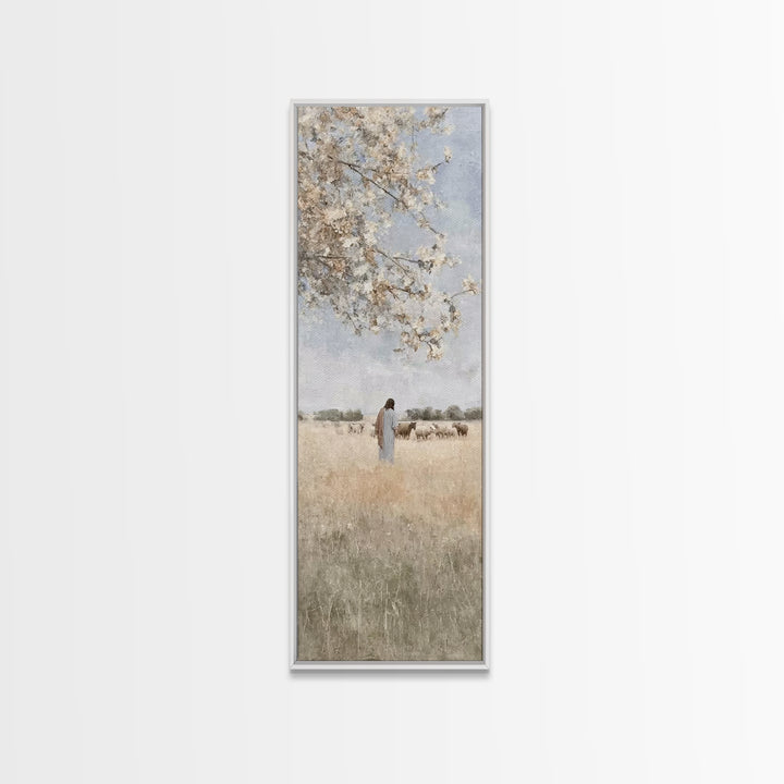 Silent Meadow Grace, Framed Canvas Print, Christian Art Canvas, Large Jesus Painting, Narrow Art, Christian Wall Art, Christmas Art Prints