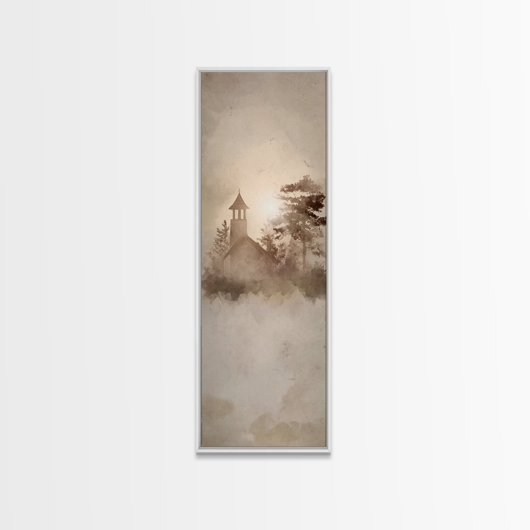 Dawn Chapel Stillness, Framed Canvas Print, Christian Wall Art, Minimalist Christian Art, Tall Skinny Art Print, Christian Decor, Christmas