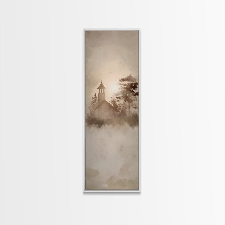 Dawn Chapel Stillness, Framed Canvas Print, Christian Wall Art, Minimalist Christian Art, Tall Skinny Art Print, Christian Decor, Christmas