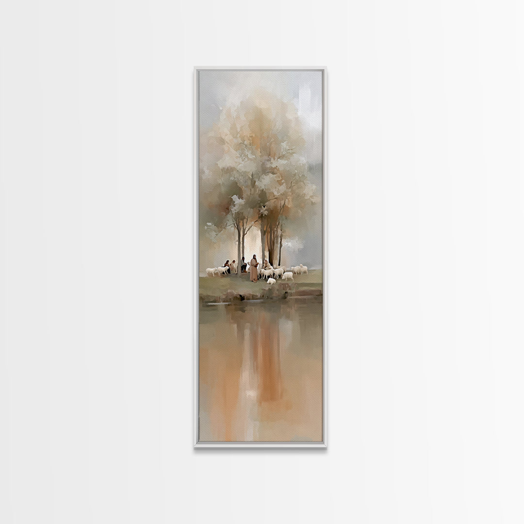 Morning Pasture Calm | Framed Canvas Print | Tall Skinny Art Print | Christian Wall Art | Jesus Painting | Christian Art Canvas | Christmas