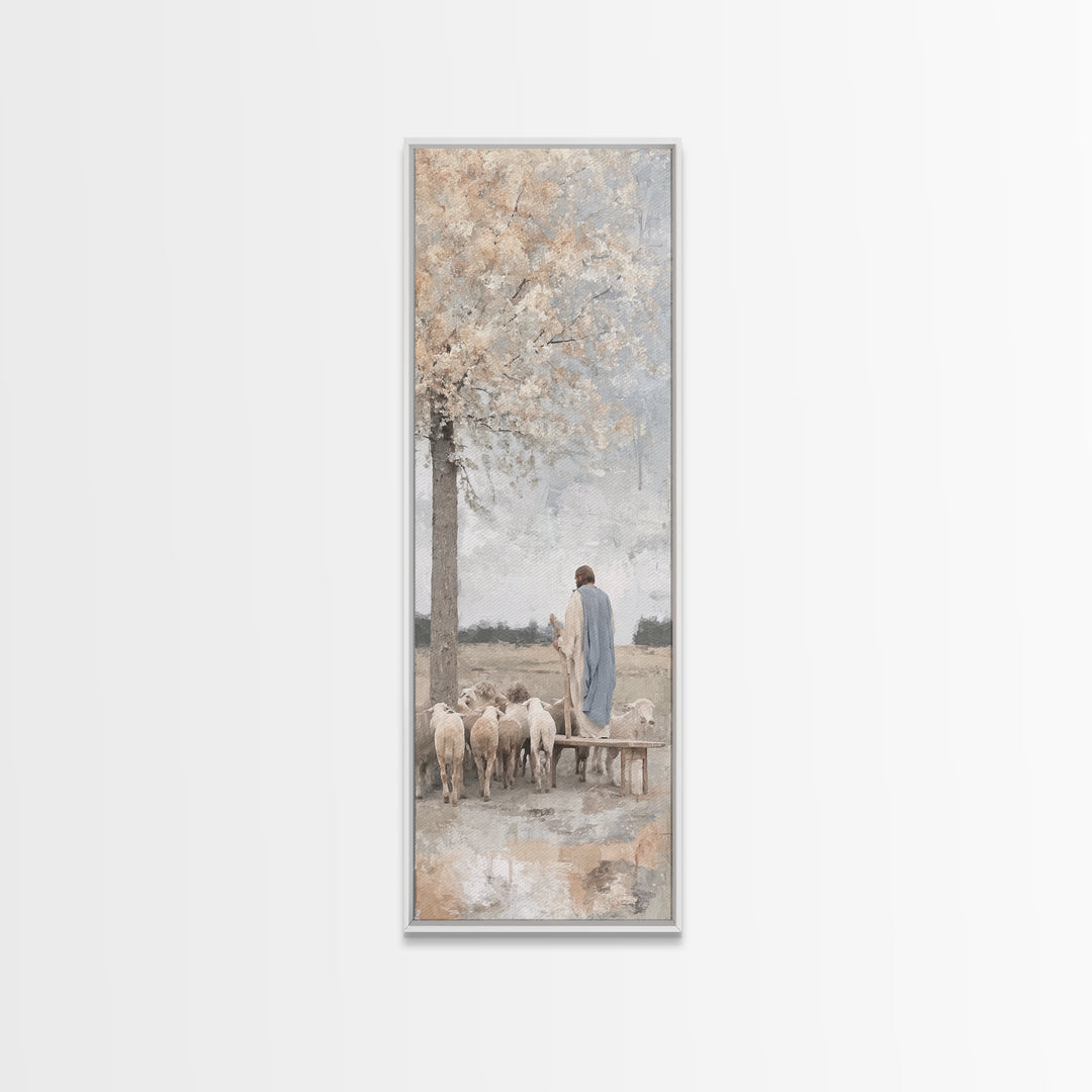 Riverside Shepherd Calm, Framed Canvas Print, Tall Narrow Wall Art, Christian Art Canvas, Jesus Painting, Christian Christmas Art, Christia
