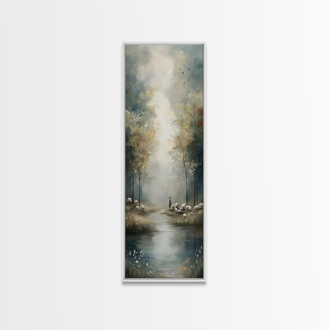 Pastoral Stillness, Framed Canvas Print, Narrow Art, Christian Wall Art, Jesus Painting, Christian Art Canvas, Christmas Art
