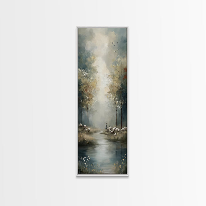 Pastoral Stillness, Framed Canvas Print, Narrow Art, Christian Wall Art, Jesus Painting, Christian Art Canvas, Christmas Art