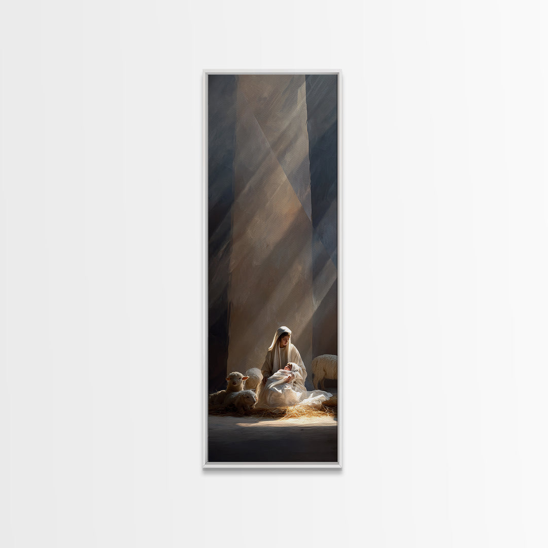 Blessed Nativity Light – Framed Canvas Print – Tall Skinny Art Print – Christian Christmas Art – Christian Wall Art – Christmas Canvas Wall