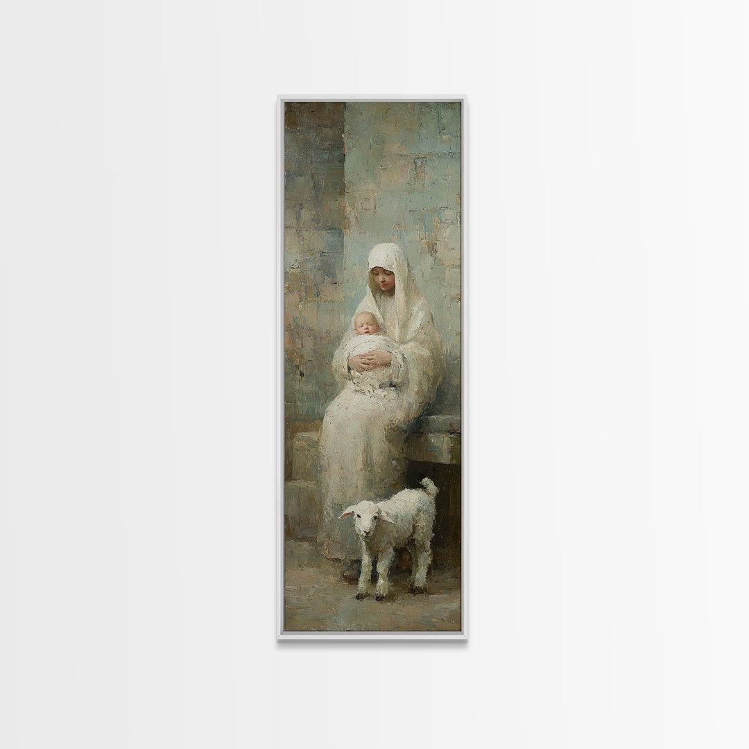 Mother’s Gentle Grace – Framed Canvas Print – Tall Narrow Wall Art – Christian Art Canvas – Mary And Jesus Painting – Christian Wall Art –