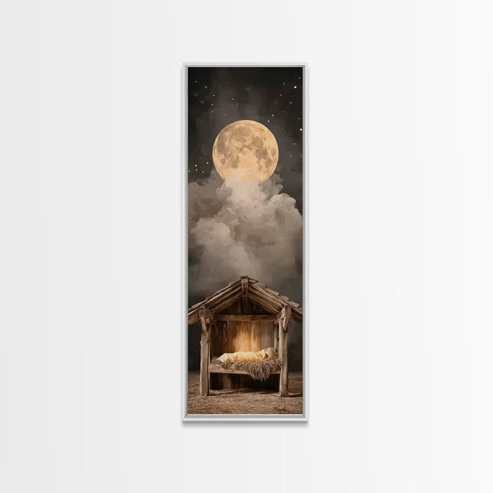 Nativity Moonrise – Framed Canvas Print – Narrow Art – Christian Christmas Art – Christian Art Canvas – Christian Wall Art – Christmas Art