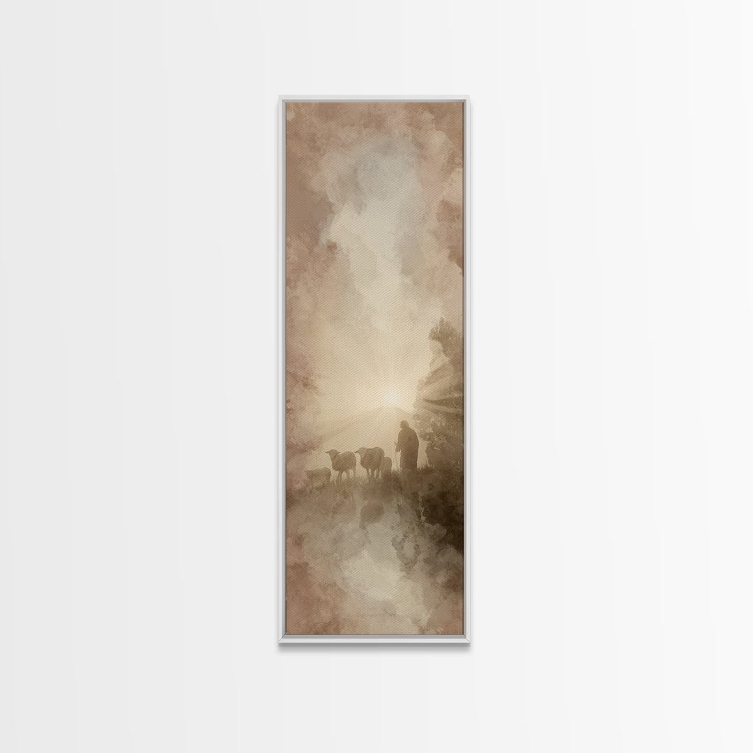 Dawn Of The Flock, Framed Canvas Print, Narrow Art, Christian Wall Art, Christian Art Canvas, Jesus Painting, Christmas Art