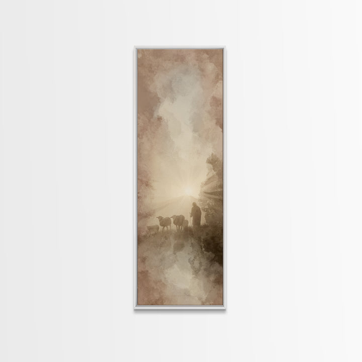 Dawn Of The Flock, Framed Canvas Print, Narrow Art, Christian Wall Art, Christian Art Canvas, Jesus Painting, Christmas Art