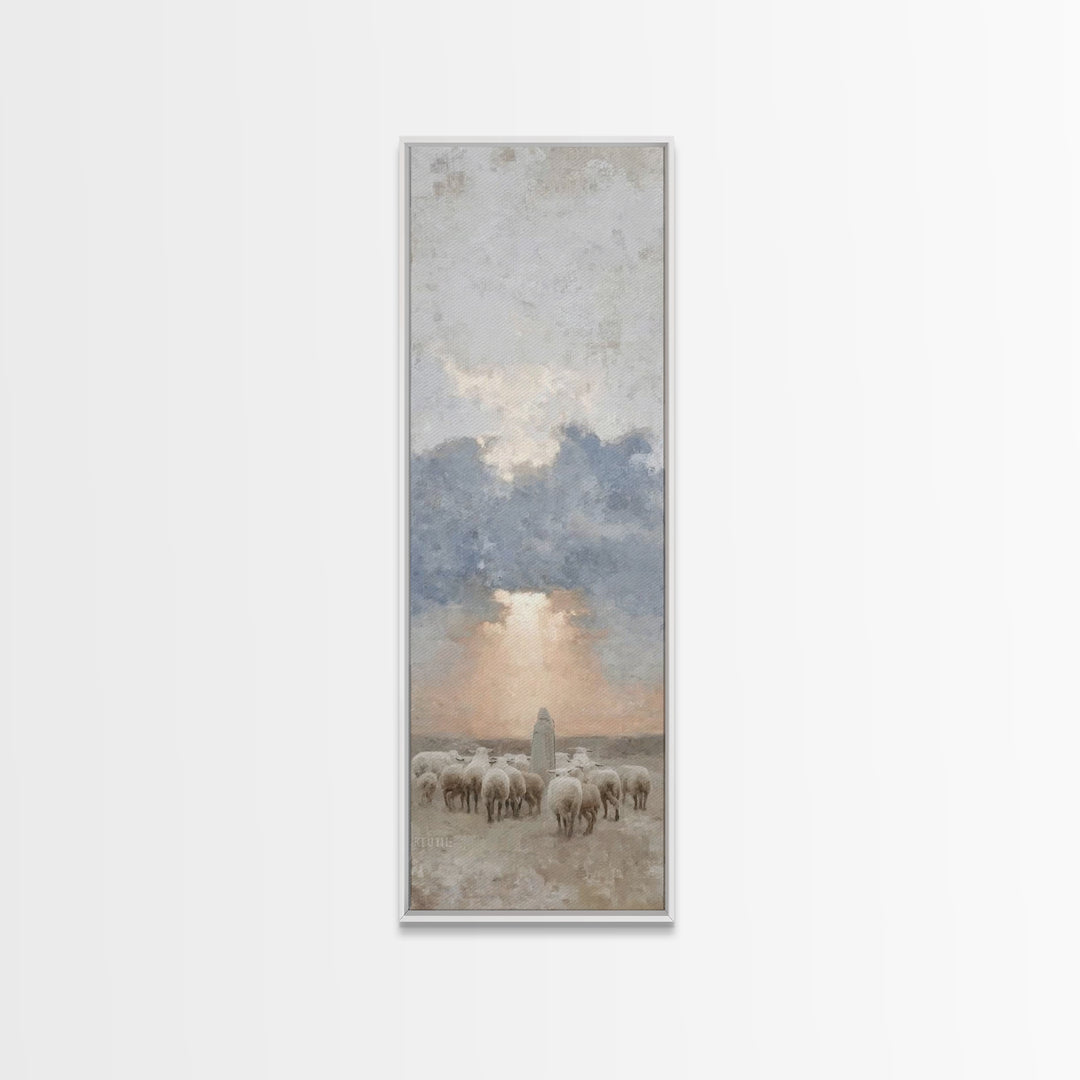 Morning Shepherd Grace – Framed Canvas Print – Tall Skinny Art Print – Christian Painting – Christian Art Canvas – Christmas Art