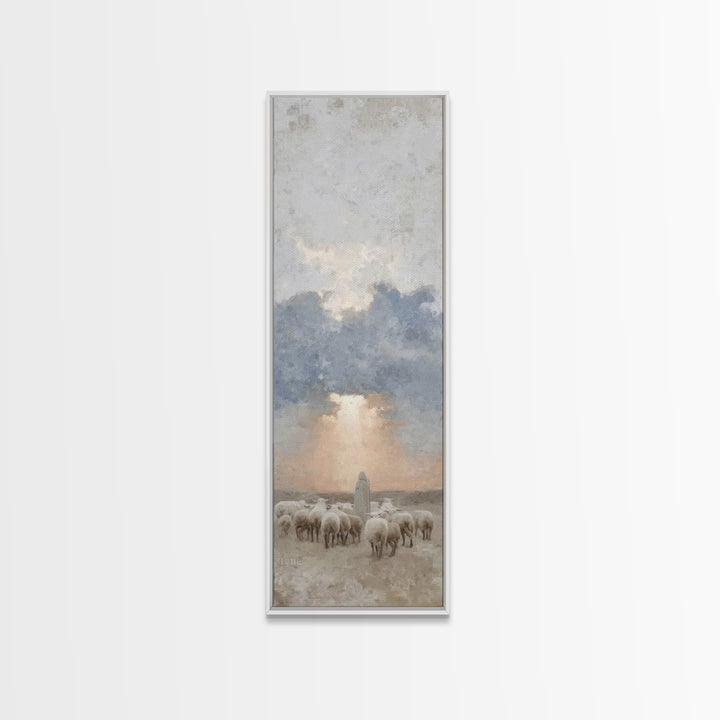 Morning Shepherd Grace – Framed Canvas Print – Tall Skinny Art Print – Christian Painting – Christian Art Canvas – Christmas Art