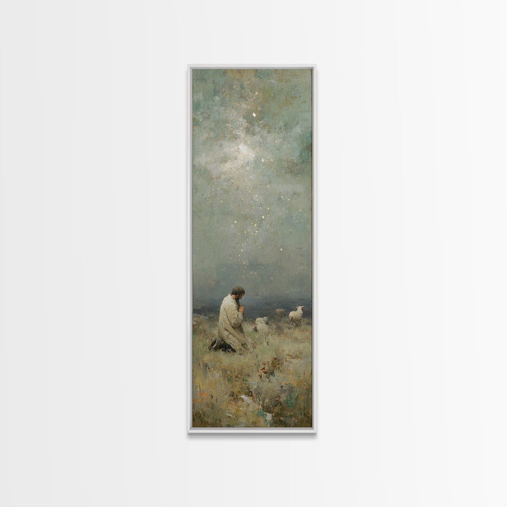 Kneeling In Faith, Framed Canvas Print, Narrow Art, Christian Art Canvas, Christian Wall Art, Jesus Painting, Christmas Art