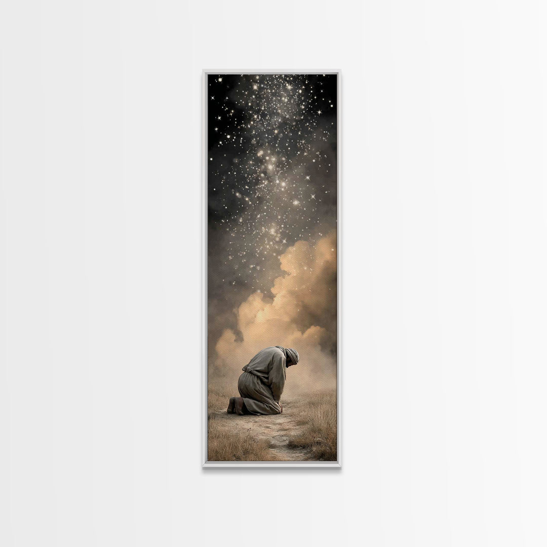 Heavenly Kneeling Light, Framed Canvas Print, Christian Wall Art, Christian Art, Tall Narrow Wall Art, Christian Art Canvas, Jesus Painting