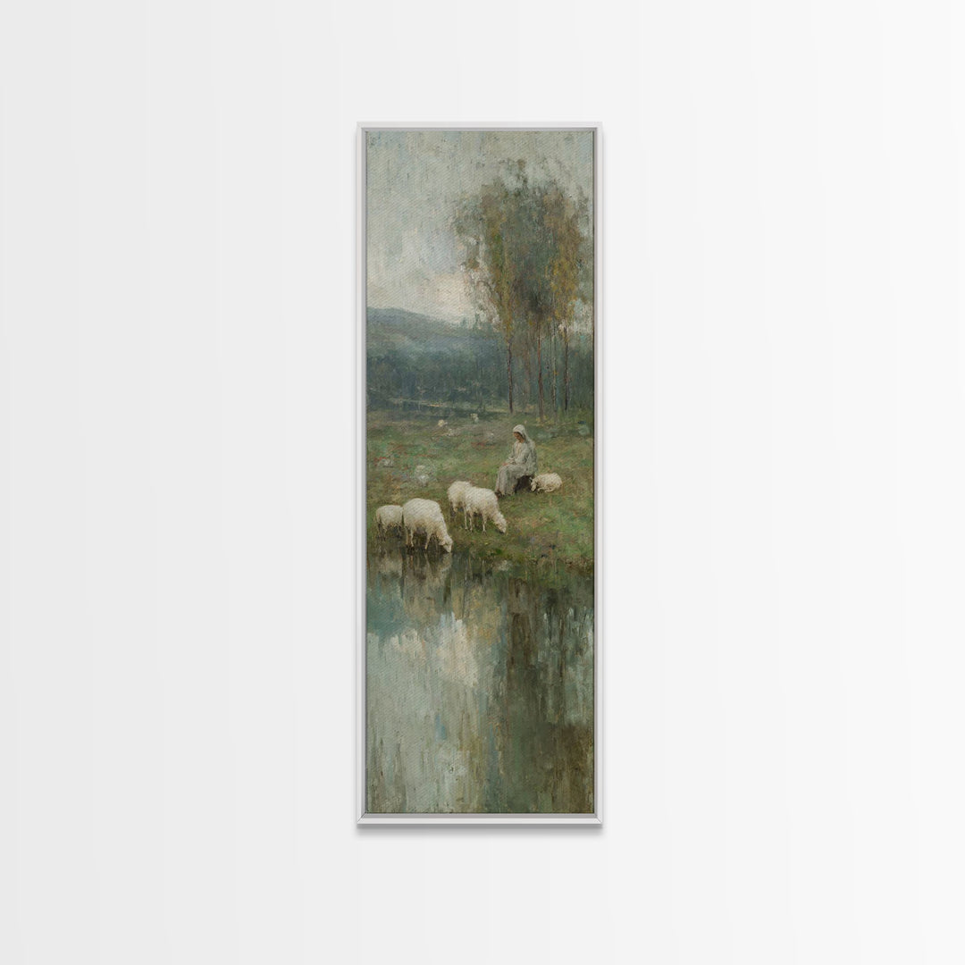 Pasture Grace Reflections – Framed Canvas Print – Christian Art – Jesus Painting – Christian Wall Art – Christian Art Canvas – Tall Narrow