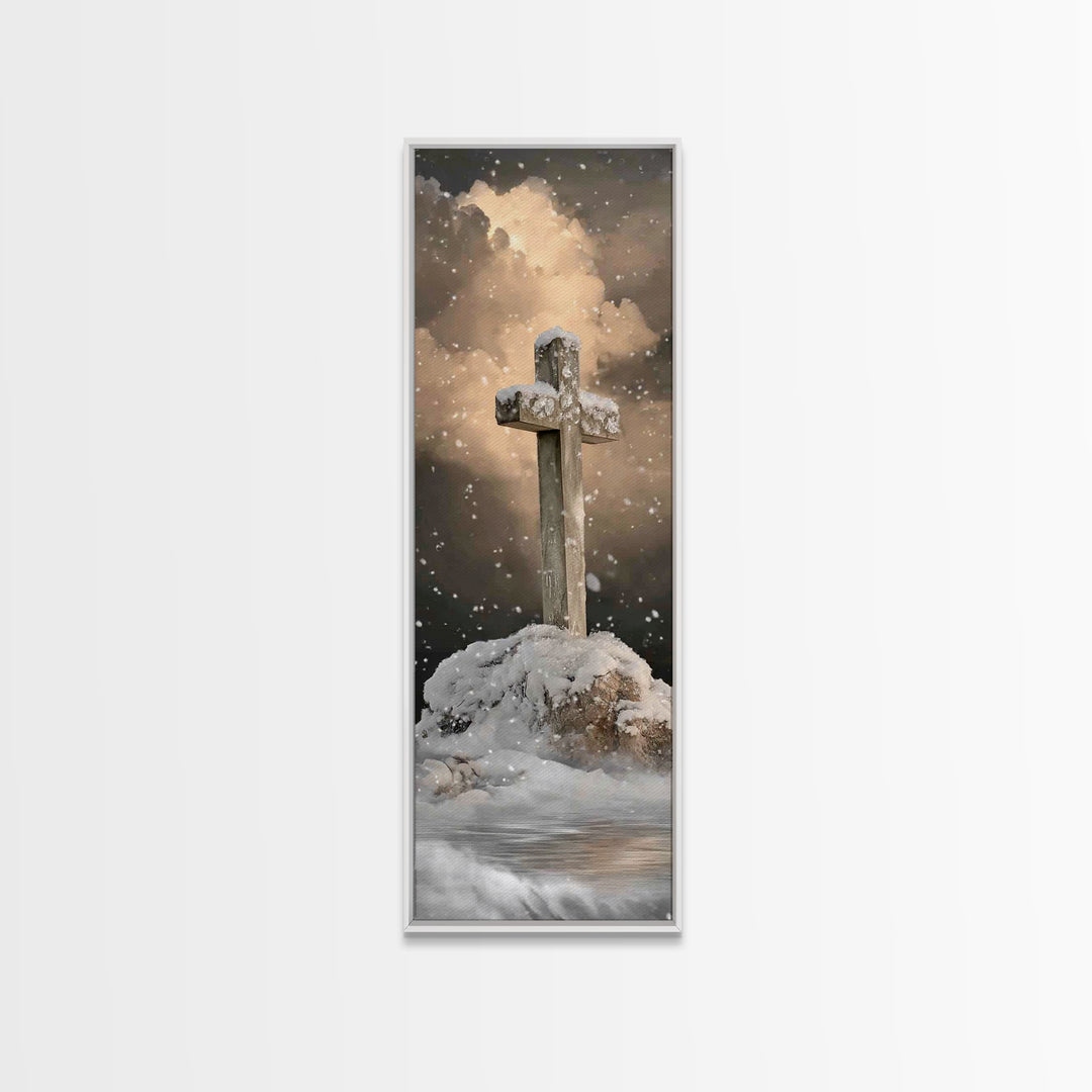 Icy Cross Radiance – Framed Canvas Print – Narrow Art – Christian Art Work – Christian Wall Art – Christian Christmas Art – Christian Paint