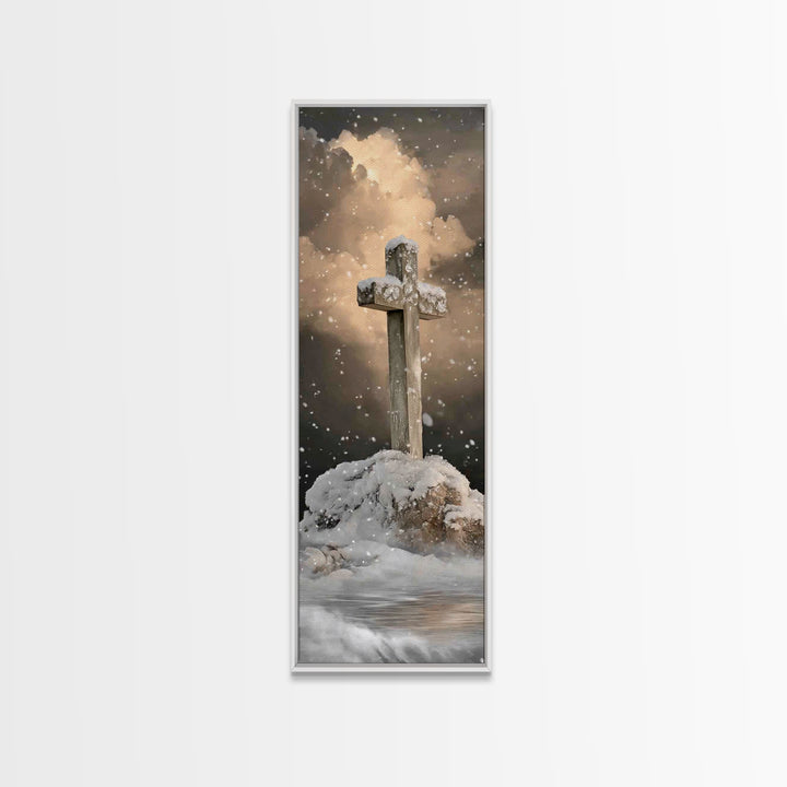 Icy Cross Radiance – Framed Canvas Print – Narrow Art – Christian Art Work – Christian Wall Art – Christian Christmas Art – Christian Paint