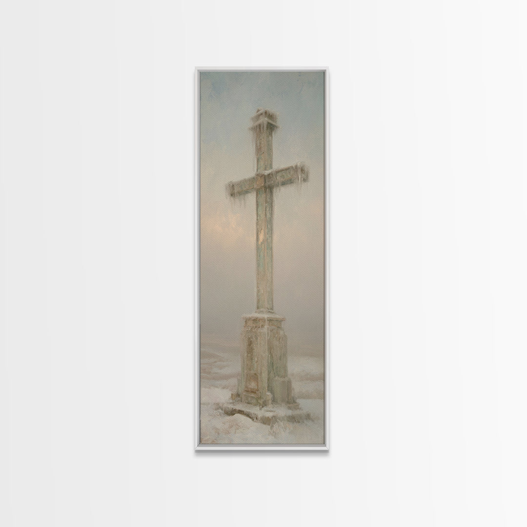 Winter Dawn Cross – Framed Canvas Print – Tall Skinny Art Print – Christian Wall Art – Christian Paintings – Christian Art Canvas – Christm