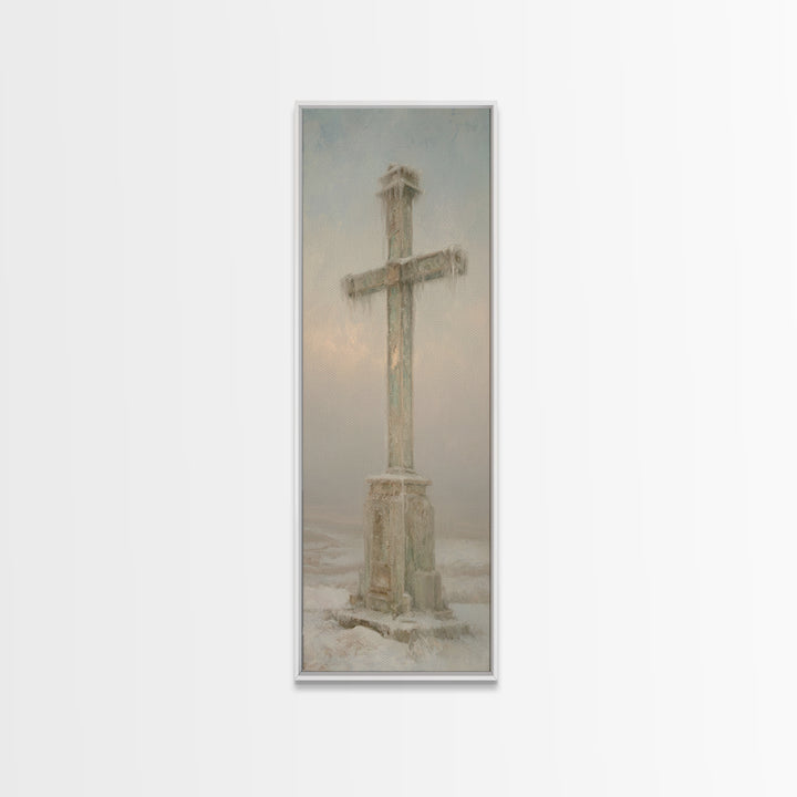 Winter Dawn Cross – Framed Canvas Print – Tall Skinny Art Print – Christian Wall Art – Christian Paintings – Christian Art Canvas – Christm