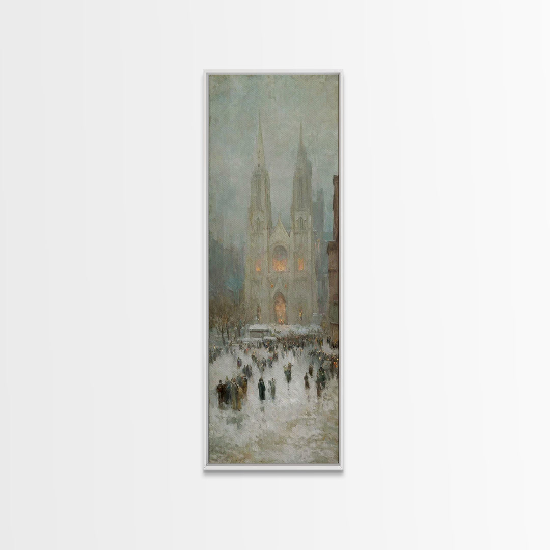 Cathedral Snow Gathering - Framed Canvas Print - Christian Art Canvas - Christmas Wall Art - Tall Skinny Art Print - Christian Painting - H
