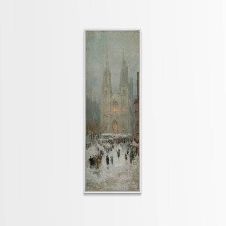 Cathedral Snow Gathering - Framed Canvas Print - Christian Art Canvas - Christmas Wall Art - Tall Skinny Art Print - Christian Painting - H