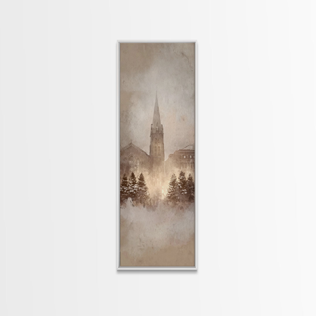 Frosted Chapel Dawn - Framed Canvas Print - Christian Christmas Art - Christian Wall Art - Skinny Art - Christian Art Gift - Vintage Christ