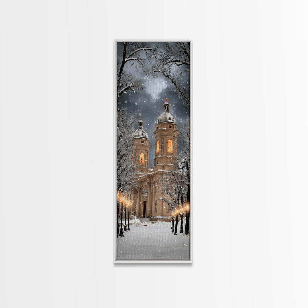Snowfall Cathedral Peace - Framed Canvas Print - Christian Wall Art - Tall Skinny Art Print - Christian Art Canvas - Christmas Art Work - F