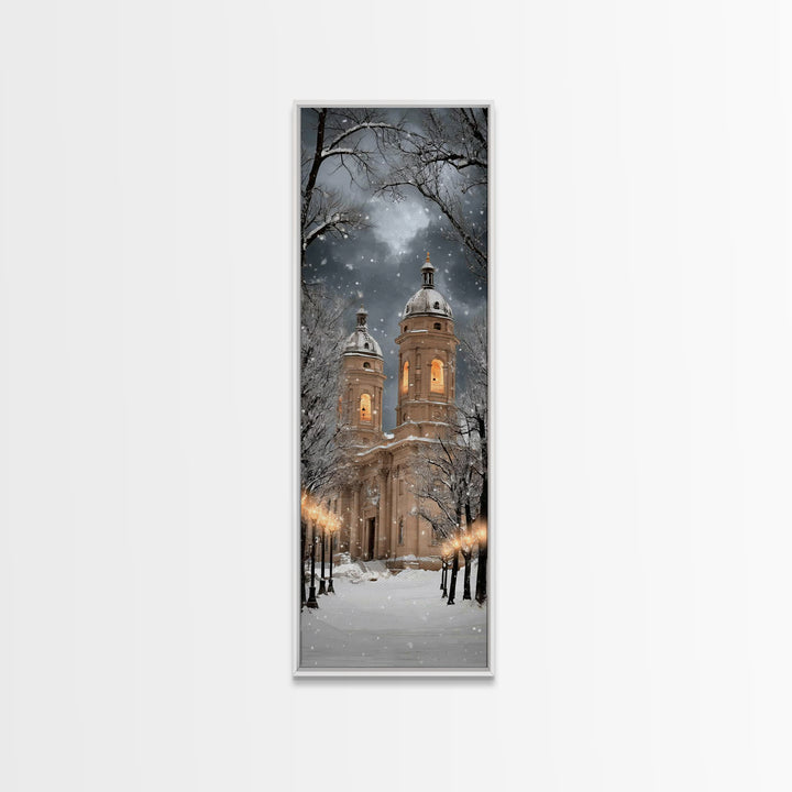 Snowfall Cathedral Peace - Framed Canvas Print - Christian Wall Art - Tall Skinny Art Print - Christian Art Canvas - Christmas Art Work - F