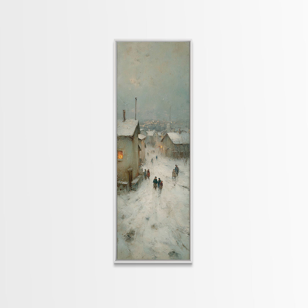 Snowy Village Path - Framed Canvas Print - Christian Wall Art - Skinny Art - Christmas Art Prints - Christian Art Canvas - Vintage Christma