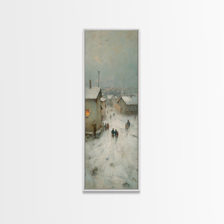 Snowy Village Path - Framed Canvas Print - Christian Wall Art - Skinny Art - Christmas Art Prints - Christian Art Canvas - Vintage Christma