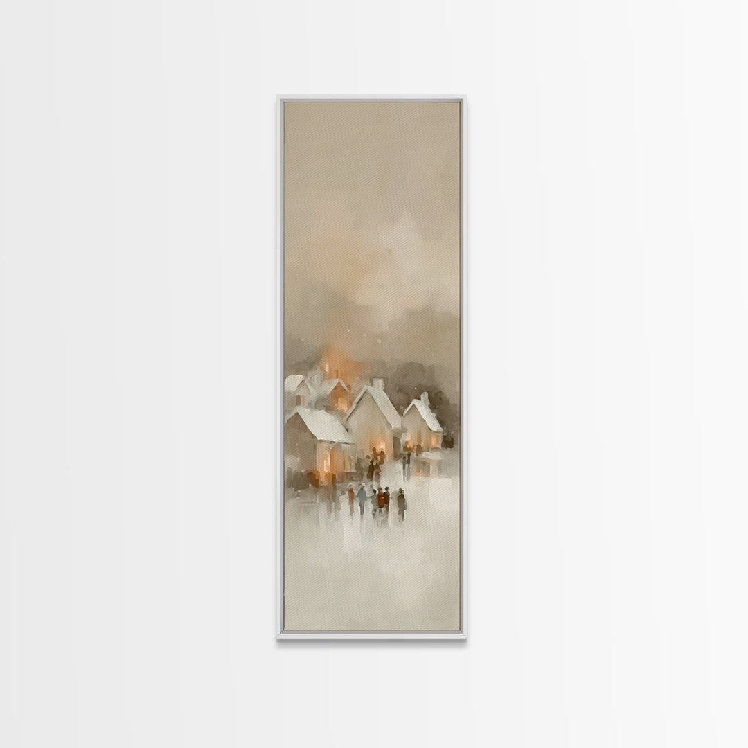Village Lantern Glow - Framed Canvas Print - Christian Wall Art - Tall Skinny Art Print - Christian Christmas Art - Christian Art Canvas -